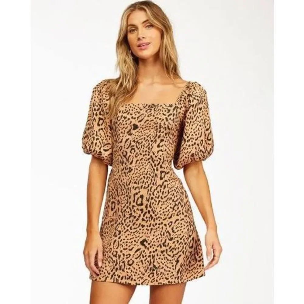 Billabong Women's Paradise Leopard Print Puff Sleeve Mini Dress Brown Size XS
